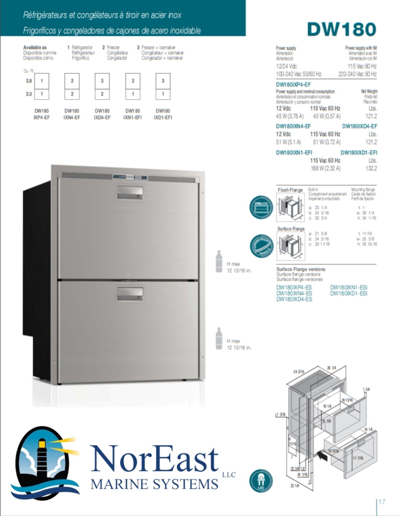 DW180IXN1-ESI-1 ~ 5.1 CU.FT STAINLESS STEEL DOUBLE DRAWER FREEZER W/ICEMAKER, SS FRONG SURFACE FLANGE LED INTERIOR LIGHTS 115VAC