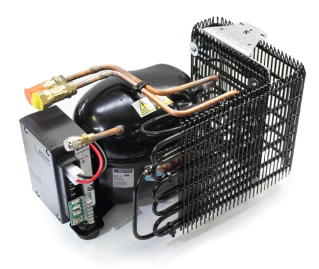 CONDENSING UNIT STATIC COIL, QUICK COUPLINGS PRECHARGED SECOP BD35 COMPRESSOR HORIZONTAL 12/24VDC